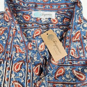 Turquoise Handcrafted Cotton Hand Block Print Paisley Shirt XXL India $90 NEW